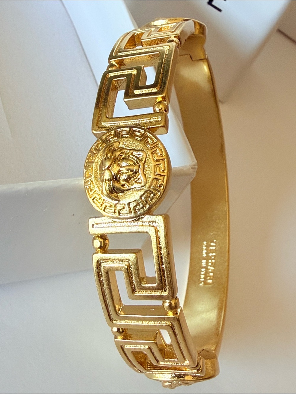 Versace Gold Medusa Greek Key Hinged Bangle Bracelet